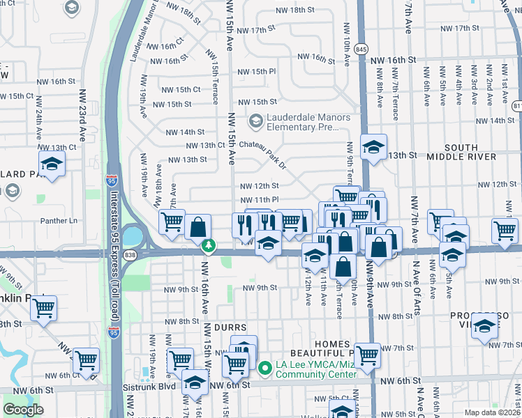 map of restaurants, bars, coffee shops, grocery stores, and more near 1307 Northwest 11th Court in Fort Lauderdale