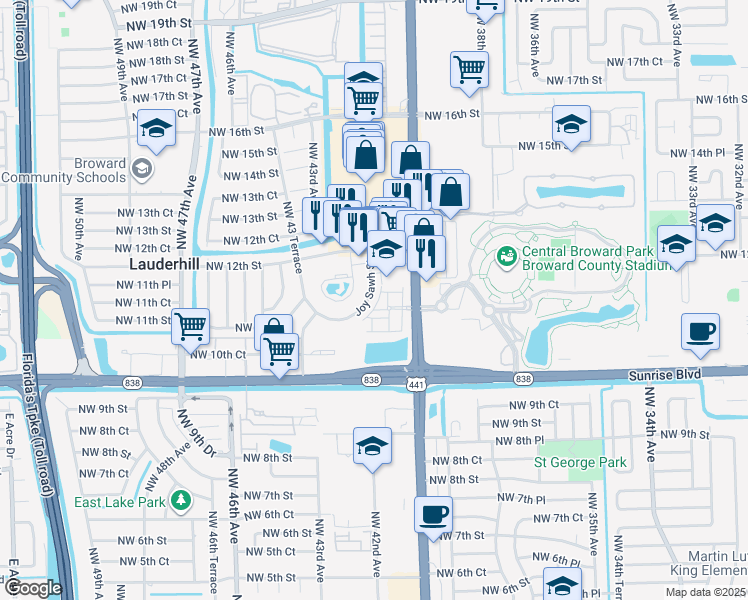 map of restaurants, bars, coffee shops, grocery stores, and more near 1125 Northwest 41st Terrace in Lauderhill