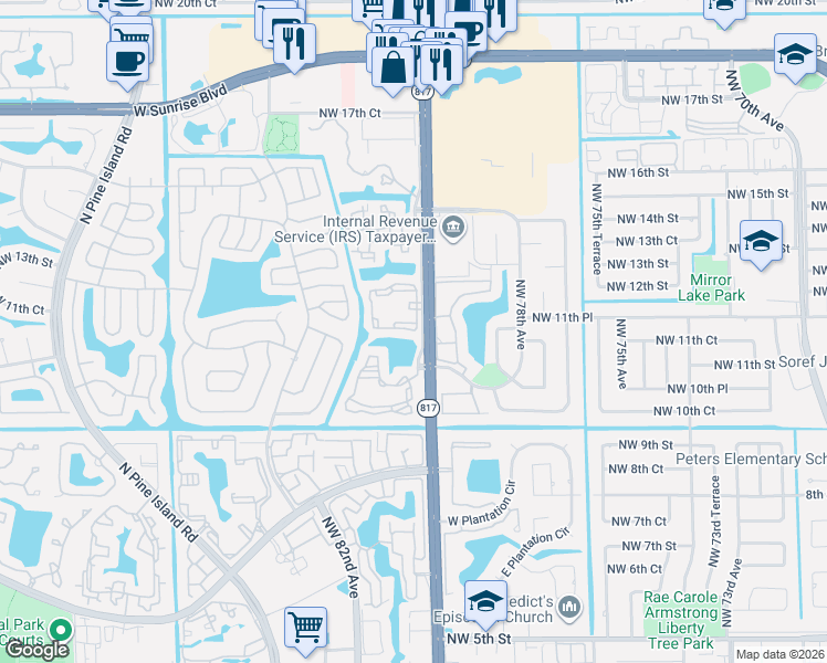 map of restaurants, bars, coffee shops, grocery stores, and more near 8022 Lakepointe Drive in Plantation
