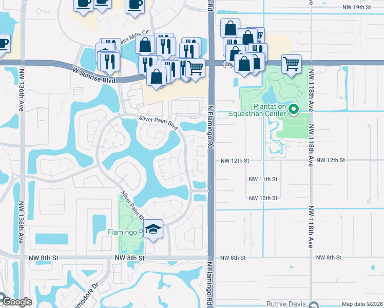 map of restaurants, bars, coffee shops, grocery stores, and more near 1247 Northwest 125th Terrace in Sunrise