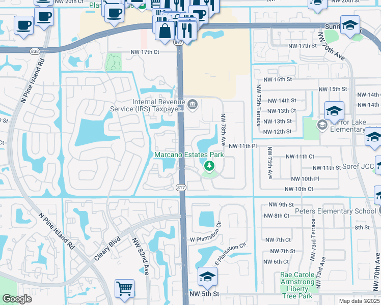 map of restaurants, bars, coffee shops, grocery stores, and more near 1133 Northwest 79th Drive in Plantation