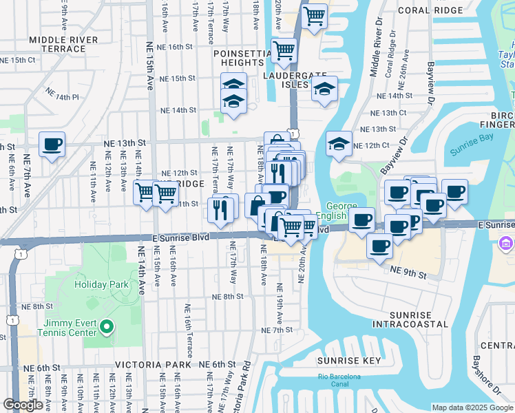 map of restaurants, bars, coffee shops, grocery stores, and more near 1045 Northeast 18th Avenue in Fort Lauderdale