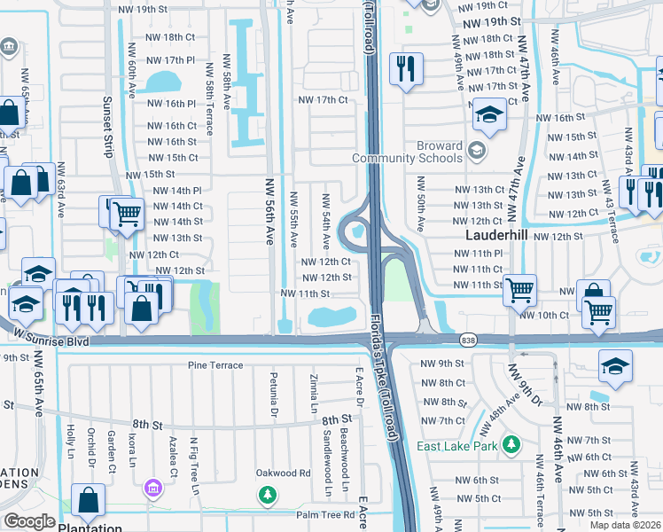 map of restaurants, bars, coffee shops, grocery stores, and more near 5350 Northwest 12th Court in Lauderhill