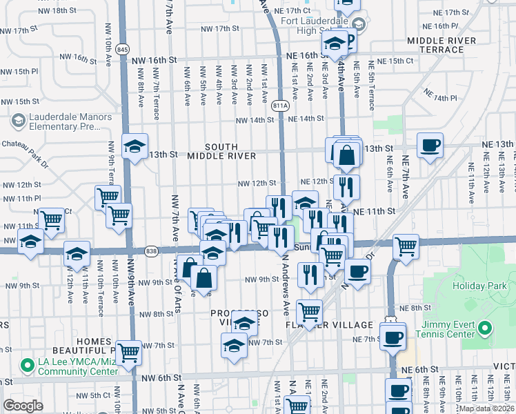 map of restaurants, bars, coffee shops, grocery stores, and more near 1111 Northwest 2nd Avenue in Fort Lauderdale