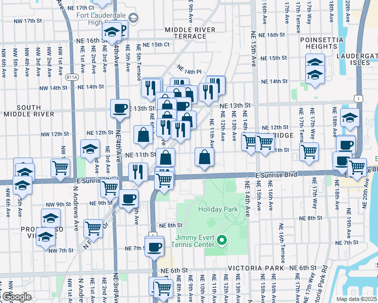 map of restaurants, bars, coffee shops, grocery stores, and more near 1101 Northeast 9th Avenue in Fort Lauderdale