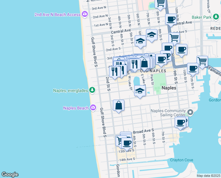 map of restaurants, bars, coffee shops, grocery stores, and more near 675 2nd Street South in Naples