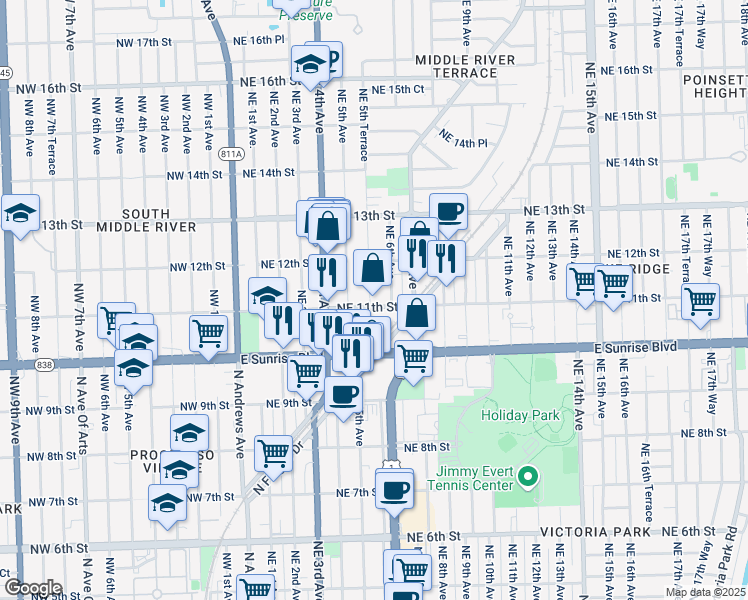 map of restaurants, bars, coffee shops, grocery stores, and more near 1100 Northeast 5th Terrace in Fort Lauderdale