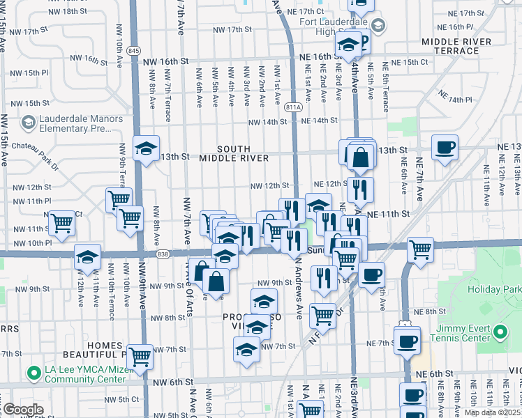 map of restaurants, bars, coffee shops, grocery stores, and more near 1111 Northwest 2nd Avenue in Fort Lauderdale