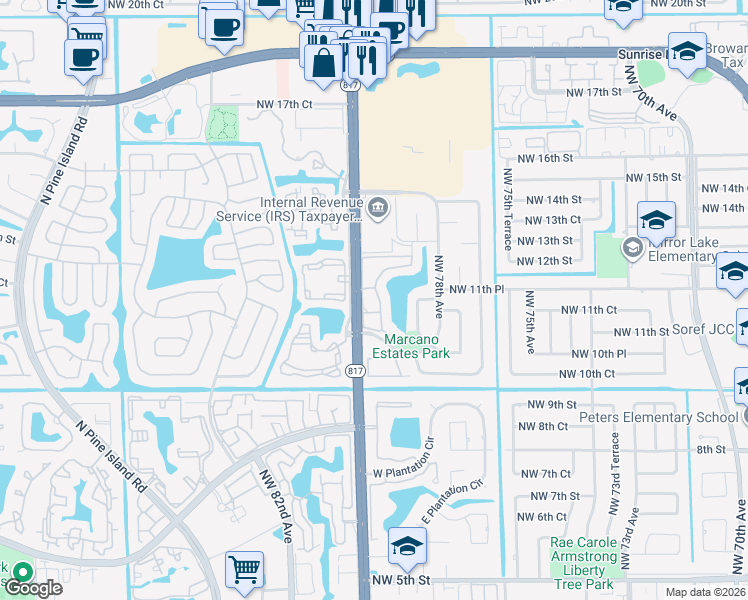 map of restaurants, bars, coffee shops, grocery stores, and more near 1133 Northwest 79th Drive in Plantation