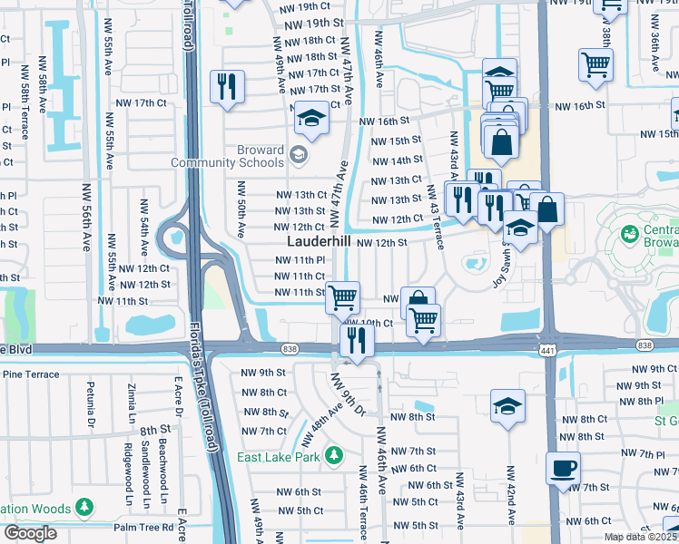 map of restaurants, bars, coffee shops, grocery stores, and more near 1130 Northwest 47th Avenue in Lauderhill