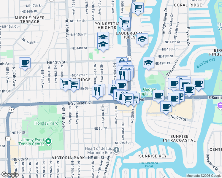 map of restaurants, bars, coffee shops, grocery stores, and more near 1045 Northeast 18th Avenue in Fort Lauderdale