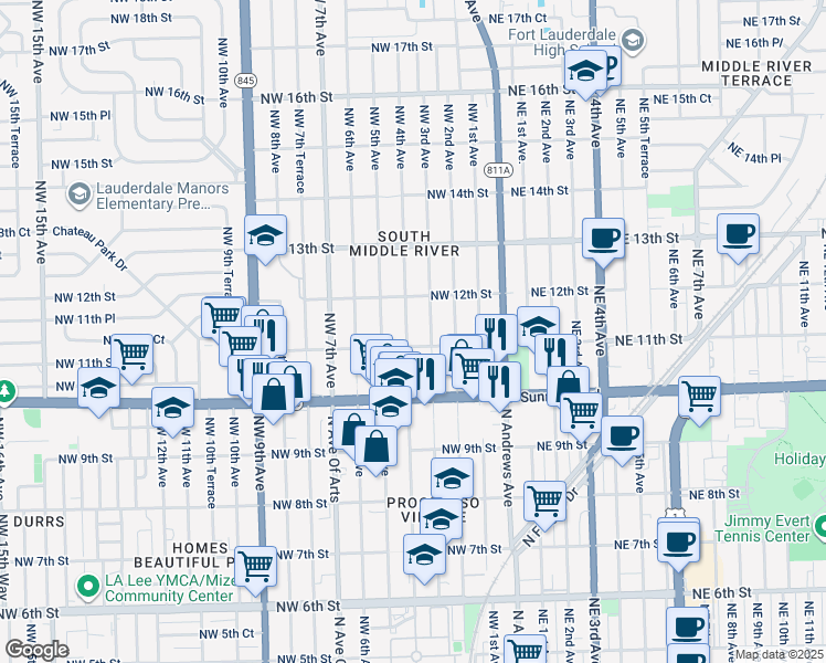 map of restaurants, bars, coffee shops, grocery stores, and more near 1114 Northwest 4th Avenue in Fort Lauderdale