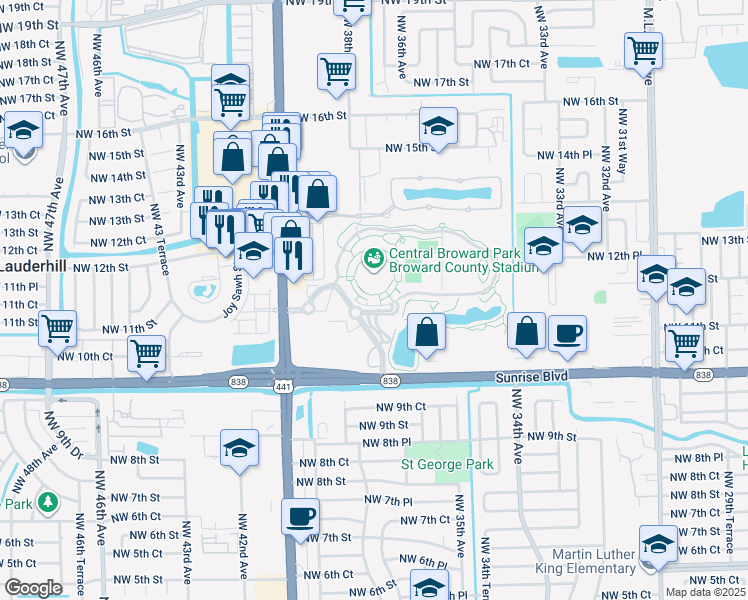 map of restaurants, bars, coffee shops, grocery stores, and more near 3700 Northwest 11th Place in Lauderhill