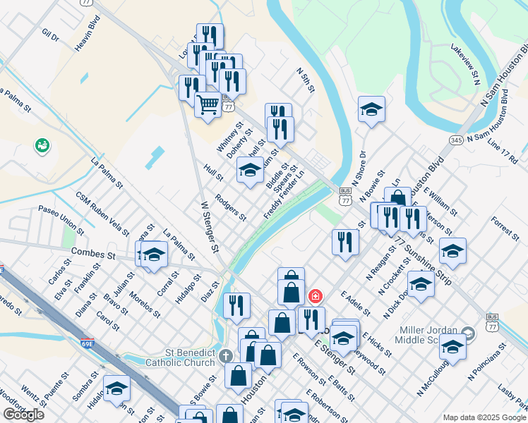 map of restaurants, bars, coffee shops, grocery stores, and more near 407 Freddy Fender Lane in San Benito