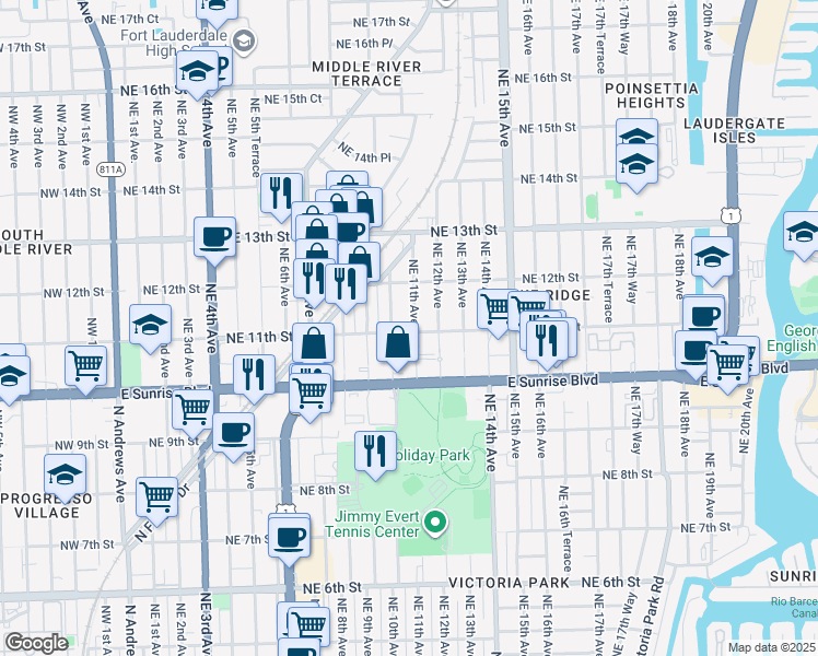 map of restaurants, bars, coffee shops, grocery stores, and more near 1019 Northeast 11th Street in Fort Lauderdale