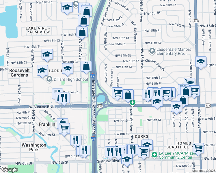 map of restaurants, bars, coffee shops, grocery stores, and more near 1125 Northwest 19th Avenue in Fort Lauderdale