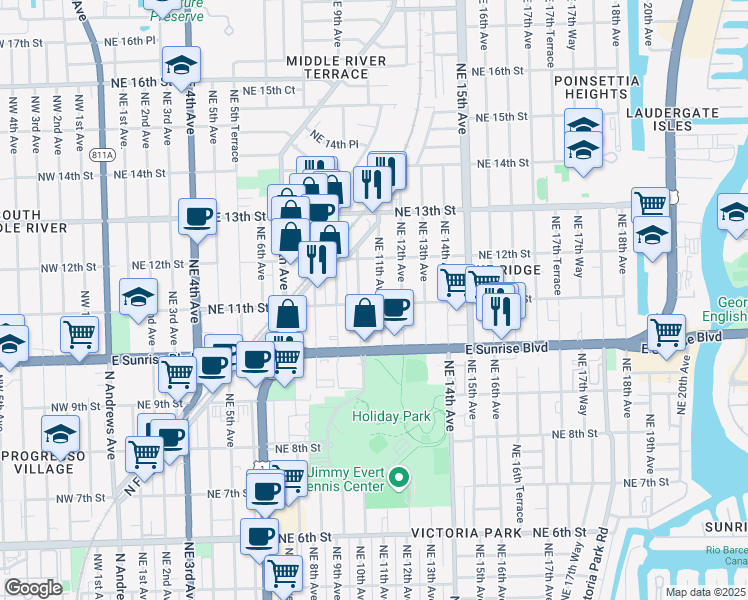 map of restaurants, bars, coffee shops, grocery stores, and more near 1019 Northeast 11th Street in Fort Lauderdale