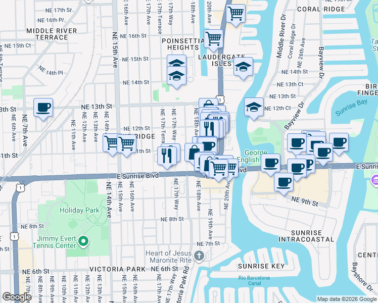 map of restaurants, bars, coffee shops, grocery stores, and more near 1045 Northeast 18th Avenue in Fort Lauderdale