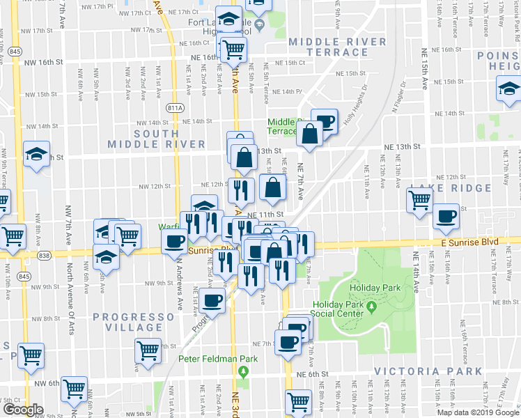 map of restaurants, bars, coffee shops, grocery stores, and more near 1105 Northeast 5th Terrace in Fort Lauderdale