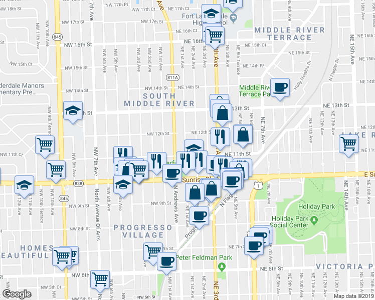 map of restaurants, bars, coffee shops, grocery stores, and more near 1111 Northeast 1st Avenue in Fort Lauderdale