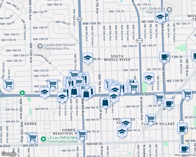 map of restaurants, bars, coffee shops, grocery stores, and more near 1111 Northwest 7th Avenue in Fort Lauderdale