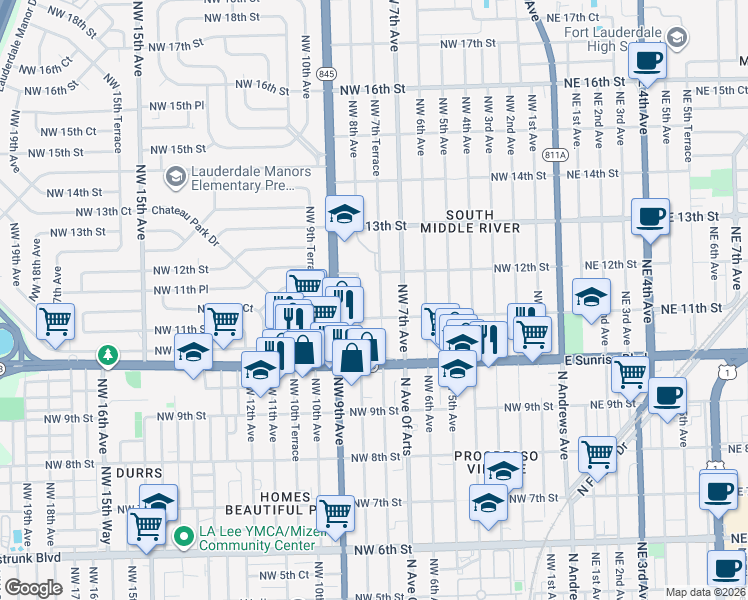 map of restaurants, bars, coffee shops, grocery stores, and more near 1112 Northwest 8th Avenue in Fort Lauderdale