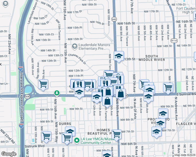 map of restaurants, bars, coffee shops, grocery stores, and more near 1017 Northwest 11th Court in Fort Lauderdale