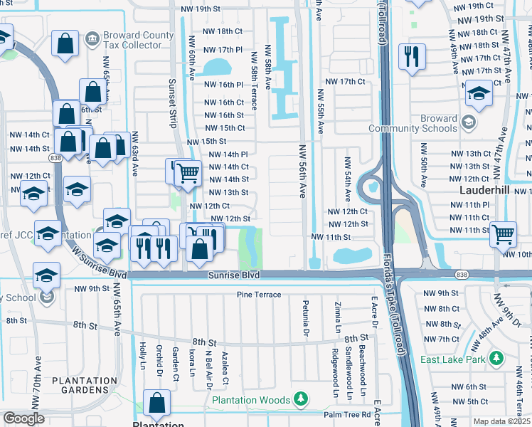 map of restaurants, bars, coffee shops, grocery stores, and more near 5720 Northwest 12th Court in Lauderhill