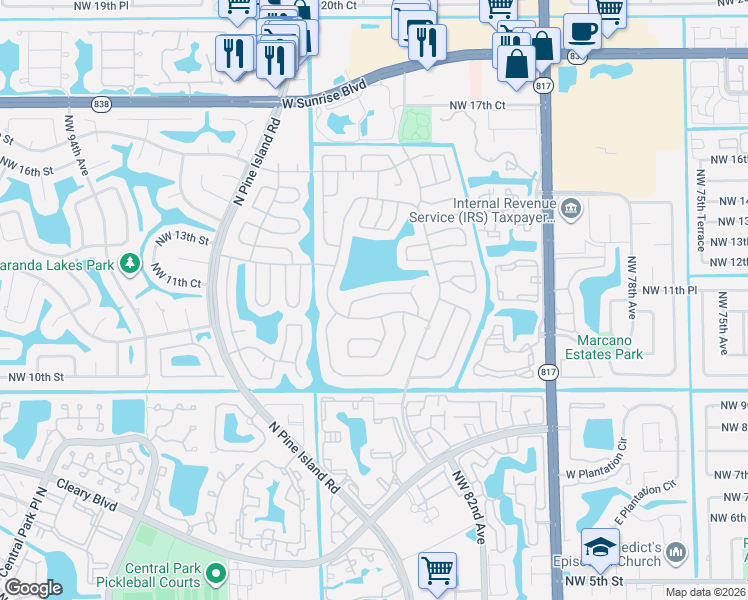 map of restaurants, bars, coffee shops, grocery stores, and more near 8632 Northwest 12th Street in Plantation