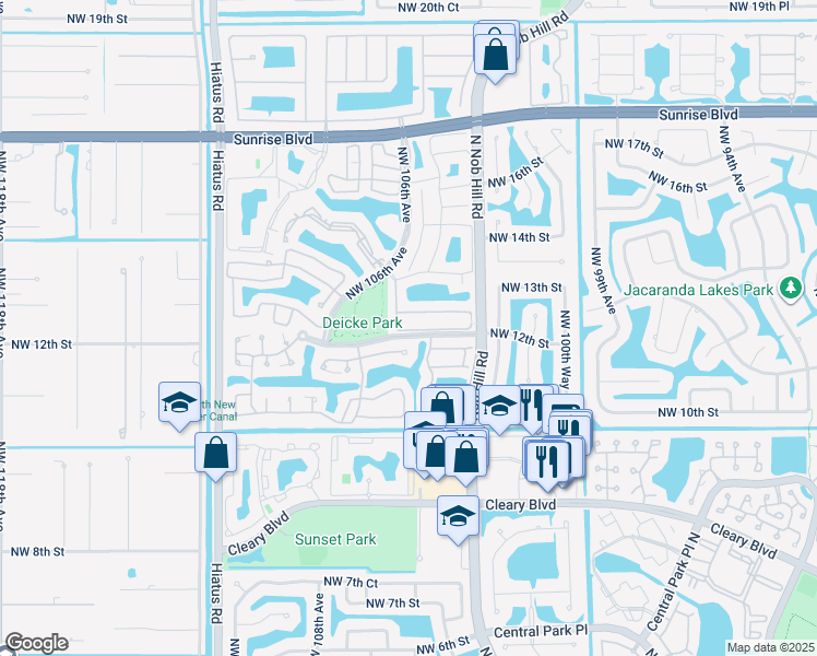 map of restaurants, bars, coffee shops, grocery stores, and more near 1241 Northwest 105th Avenue in Plantation