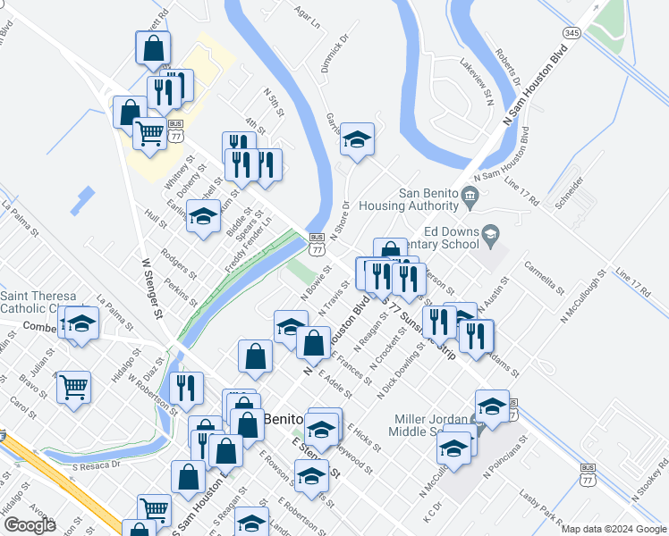 map of restaurants, bars, coffee shops, grocery stores, and more near 210 U.S. 77 Business in San Benito