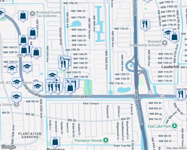 map of restaurants, bars, coffee shops, grocery stores, and more near 5720 Northwest 12th Court in Lauderhill