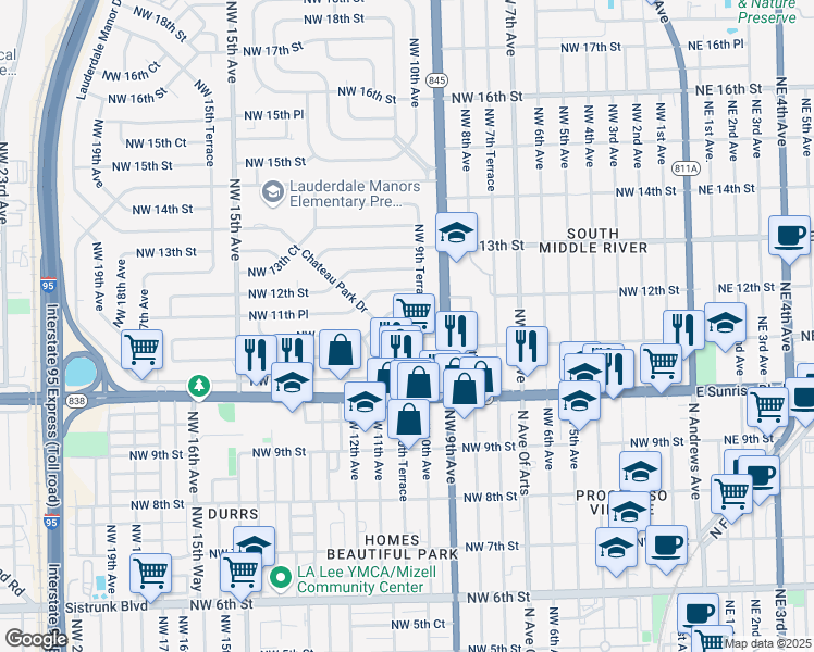 map of restaurants, bars, coffee shops, grocery stores, and more near 931 Chateau Park Drive in Fort Lauderdale