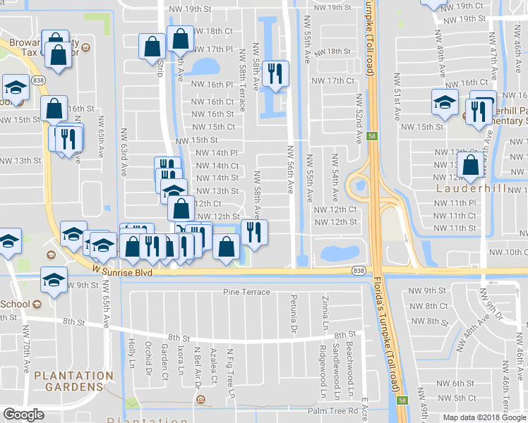 map of restaurants, bars, coffee shops, grocery stores, and more near 5720 Northwest 12th Court in Lauderhill