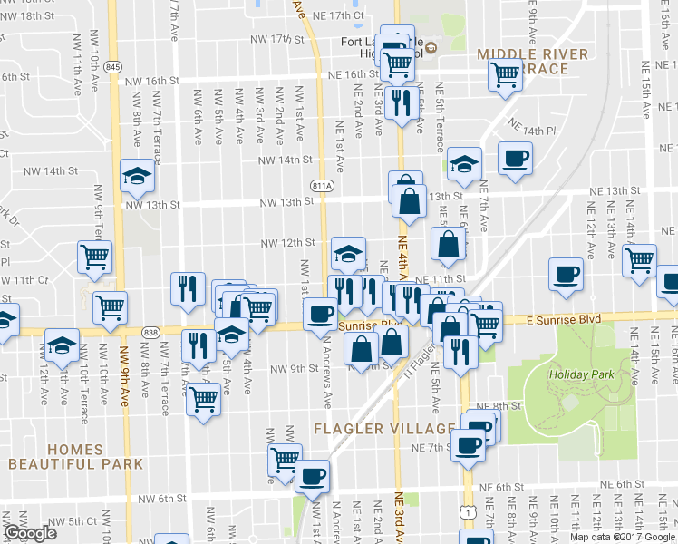 map of restaurants, bars, coffee shops, grocery stores, and more near 1111 Northeast 1st Avenue in Fort Lauderdale