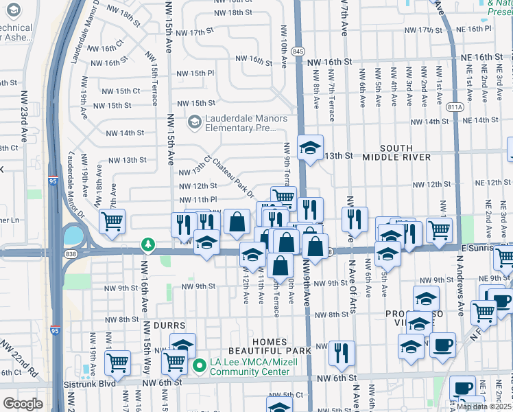 map of restaurants, bars, coffee shops, grocery stores, and more near 1017 Northwest 11th Court in Fort Lauderdale