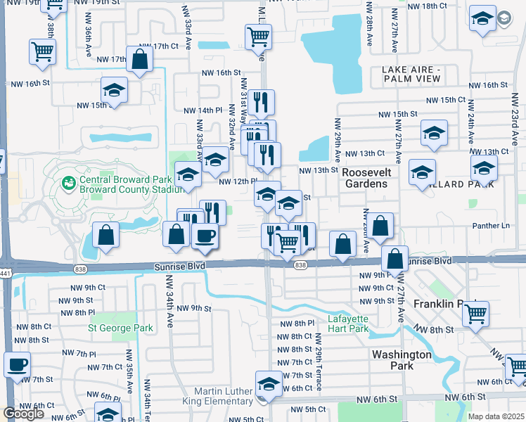 map of restaurants, bars, coffee shops, grocery stores, and more near 1141 Northwest 31st Avenue in Lauderhill
