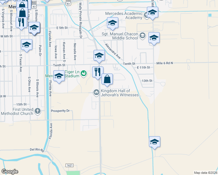 map of restaurants, bars, coffee shops, grocery stores, and more near 835 Closner Boulevard in Mercedes