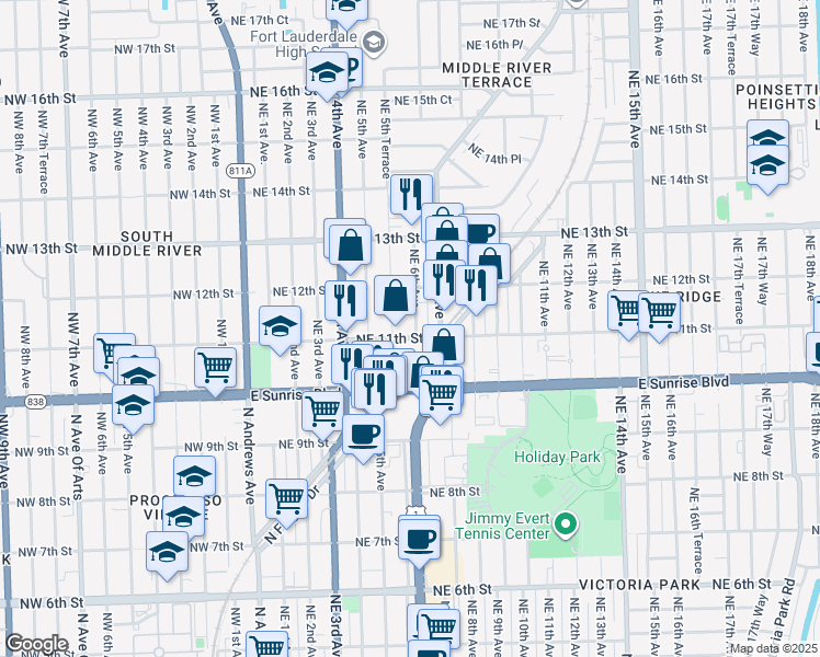 map of restaurants, bars, coffee shops, grocery stores, and more near 601 Northeast 11th Street in Fort Lauderdale
