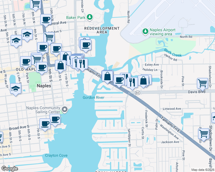 map of restaurants, bars, coffee shops, grocery stores, and more near 1500 5th Avenue South in Naples