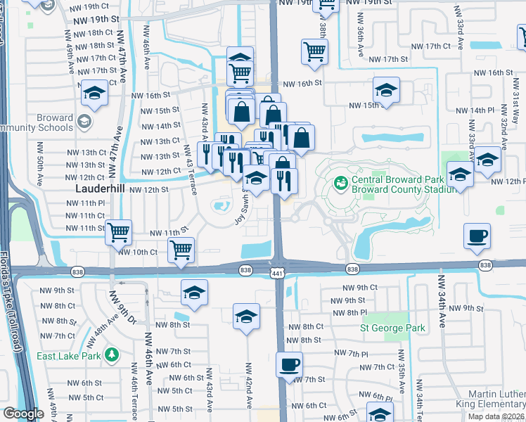map of restaurants, bars, coffee shops, grocery stores, and more near 4008 Northwest 11 Drive in Plantation