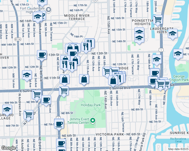 map of restaurants, bars, coffee shops, grocery stores, and more near 1100 Northeast 12th Avenue in Fort Lauderdale