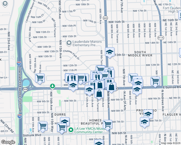 map of restaurants, bars, coffee shops, grocery stores, and more near 1017 Northwest 11th Court in Fort Lauderdale