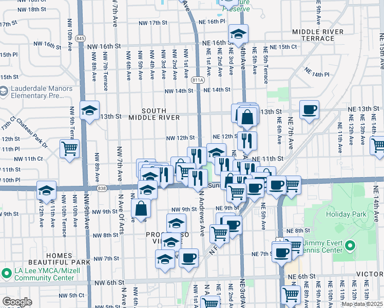 map of restaurants, bars, coffee shops, grocery stores, and more near 1112 Northwest 1st Avenue in Fort Lauderdale