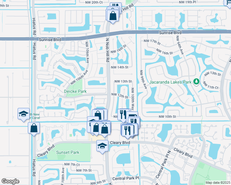 map of restaurants, bars, coffee shops, grocery stores, and more near 1200 Northwest 101st Way in Plantation