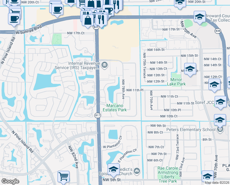 map of restaurants, bars, coffee shops, grocery stores, and more near 1151 Northwest 78th Terrace in Plantation