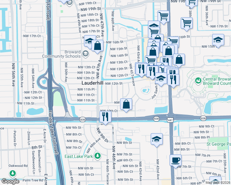 map of restaurants, bars, coffee shops, grocery stores, and more near 1141 Northwest 44th Terrace in Lauderhill