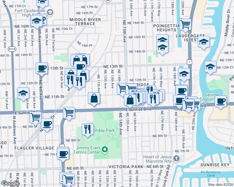 map of restaurants, bars, coffee shops, grocery stores, and more near 1314 Northeast 11th Street in Fort Lauderdale