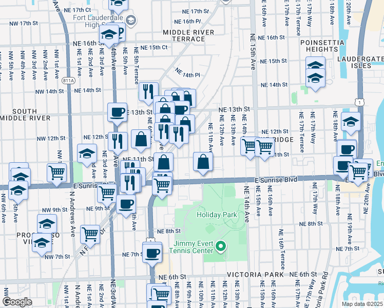 map of restaurants, bars, coffee shops, grocery stores, and more near 1101 Northeast 9th Avenue in Fort Lauderdale