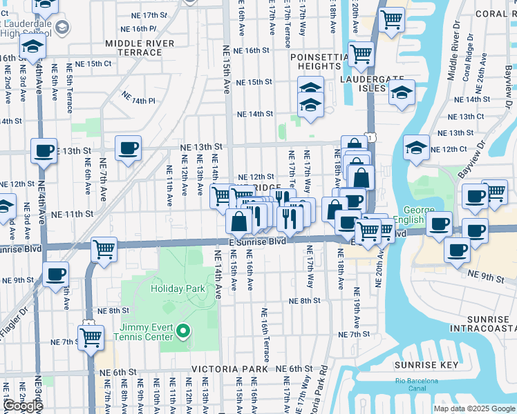 map of restaurants, bars, coffee shops, grocery stores, and more near 1616 Northeast 11th Street in Fort Lauderdale